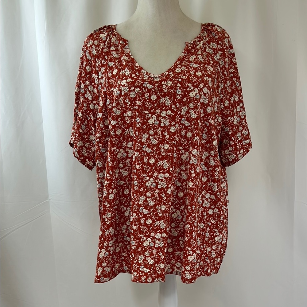 SHEIN Curve Red Floral Printed Notched Neck Women's Top Size 1XL